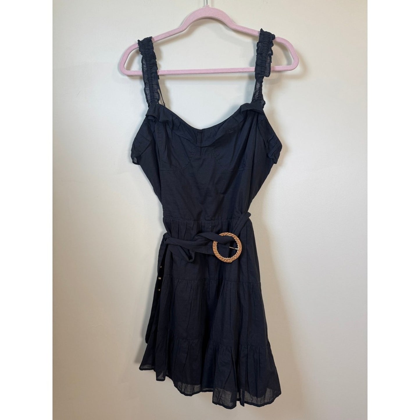 Show Me Your Mumu Black Tiered Mini Dress Ruffle Strap Woven Belt NWT
