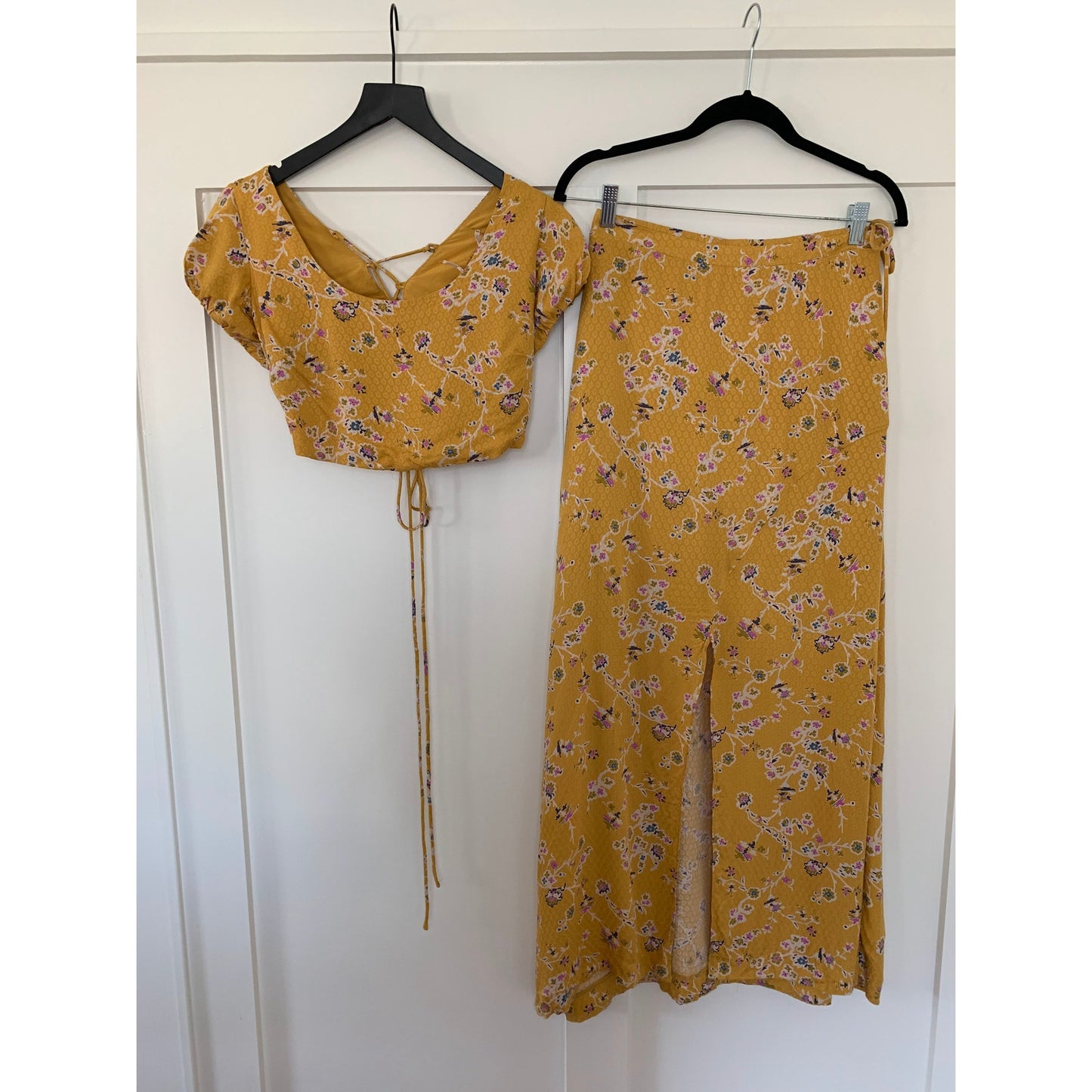 Free People Talia Two Piece Set in Turmeric Small Skirt Top Floral Drawstring