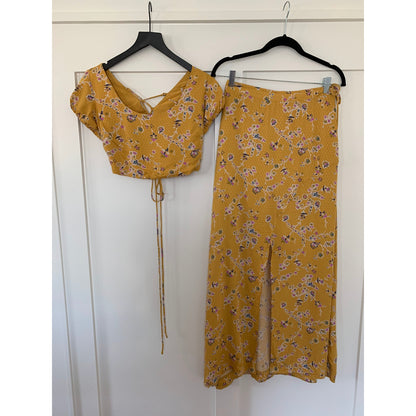 Free People Talia Two Piece Set in Turmeric Small Skirt Top Floral Drawstring