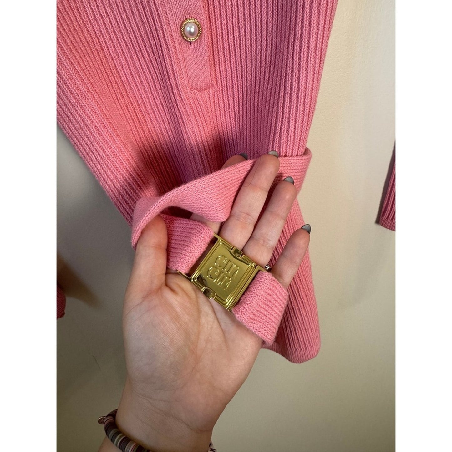CIN CIN Pink Ribbed Knit Button Front Long Sleeve Belted Romper Size Small