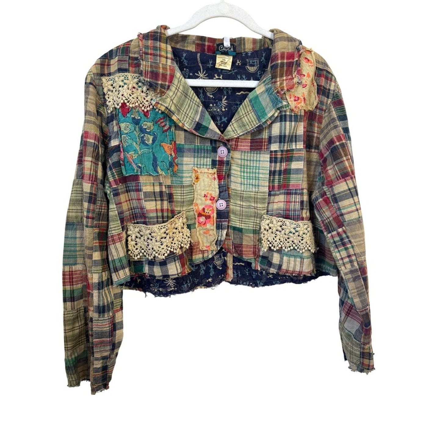 Jaded Gypsy Women  Patchwork Jacket Plaid Floral Lace Boho Multi Color S/M