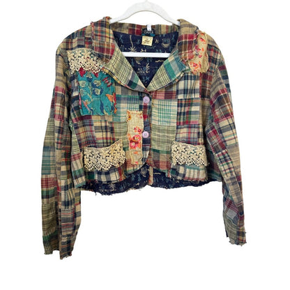 Jaded Gypsy Women  Patchwork Jacket Plaid Floral Lace Boho Multi Color S/M