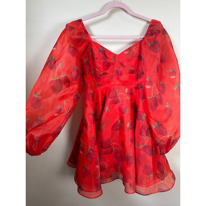 Selkie Red Strawberry Ritz Dress Womens Small Puff Sleeve Organza Mini Skater