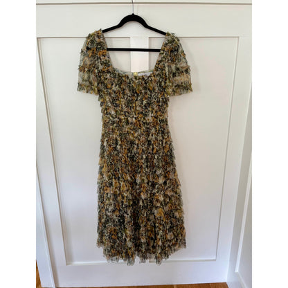 NEW NWT Mac Duggal Multicolor Short Sleeve Micro Ruffle Tea Length Dress 8232 Green Multi Size 4