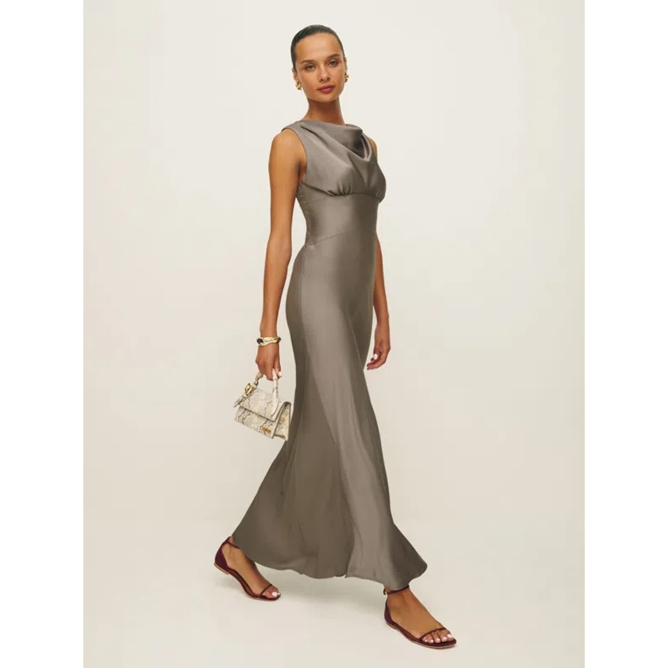 Reformation Dessa Satin Dress Taupe Size 8
