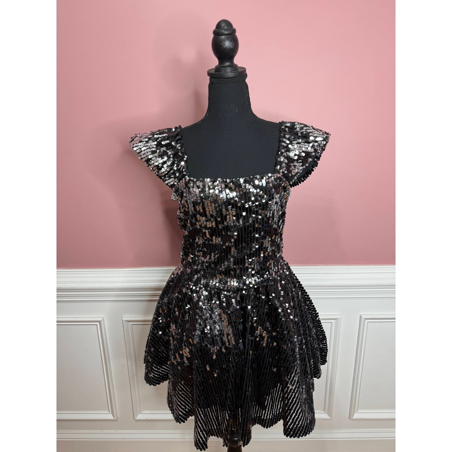 Aniye By Gemma Sequin Mini Dress in Black Medium Flutter Sleeve Ruffle Lined