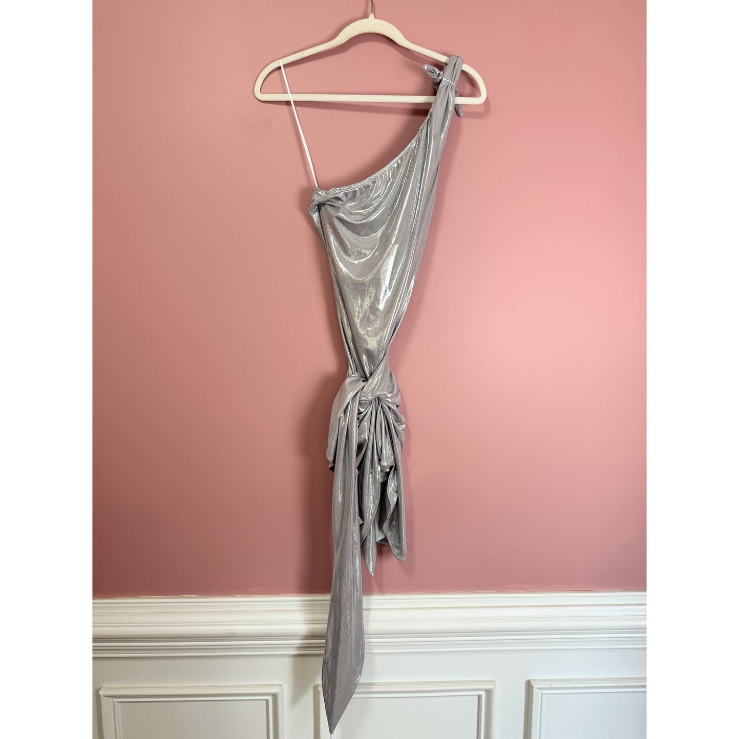 Show Me Your Mumu Genevieve One-Shoulder Wrap Mini Dress Silver Size XS