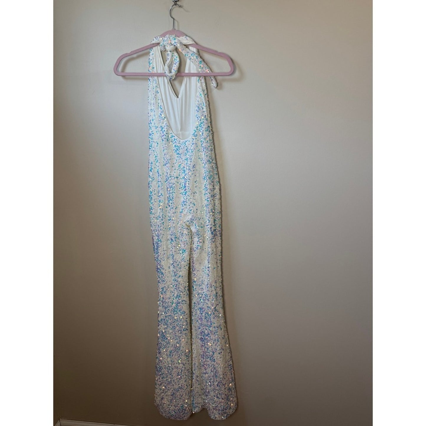 White Iridescent Sequin Halter Jumpsuit Wide Leg Disco Bridal Party Bachelorette