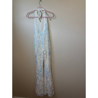 White Iridescent Sequin Halter Jumpsuit Wide Leg Disco Bridal Party Bachelorette