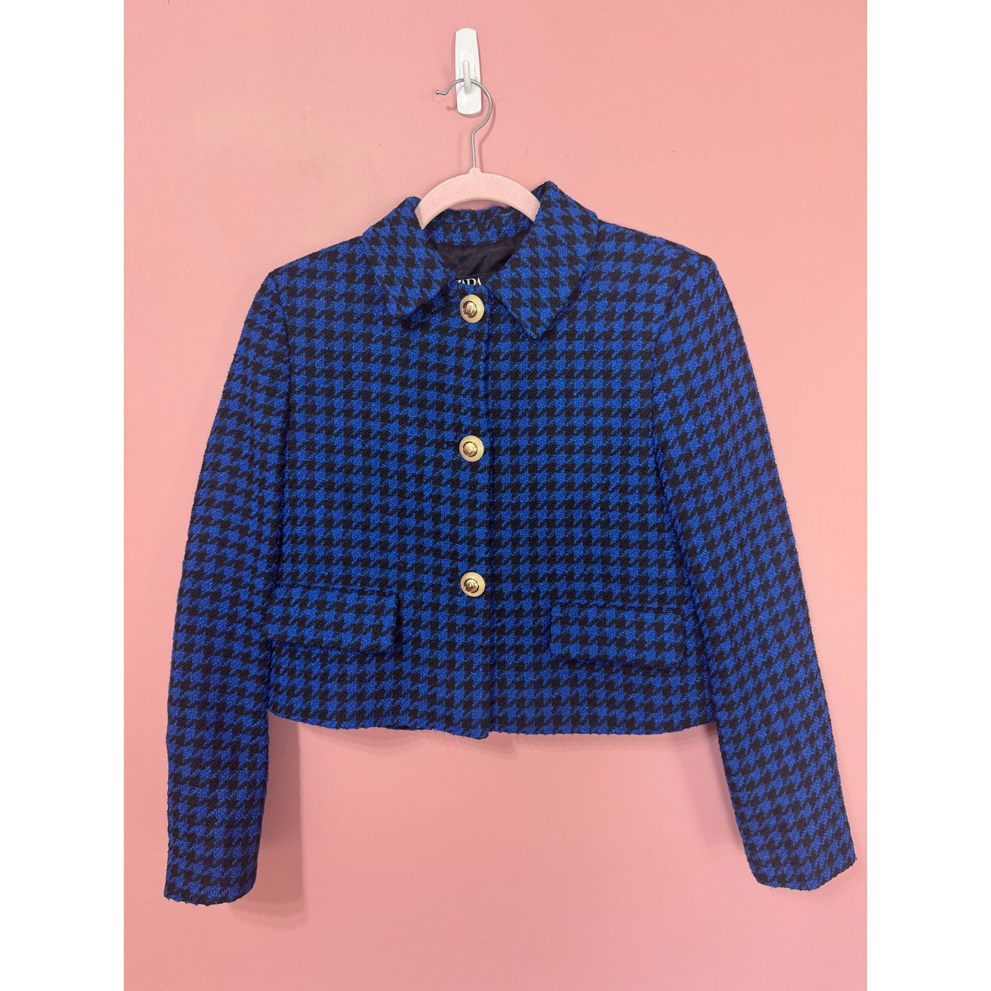 NEW Zara Blogger Fave Royal Blue Tweed Houndstooth Crop Blazer Gold Buttons SIze Small