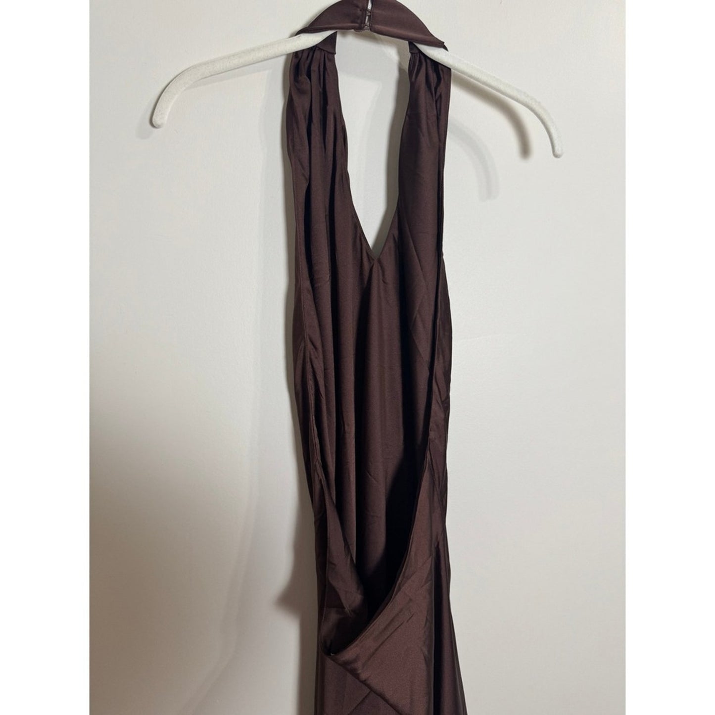Show Me Your Mumu Brown Satin Halter Maxi Dress Open Back Evening Gown Espresso