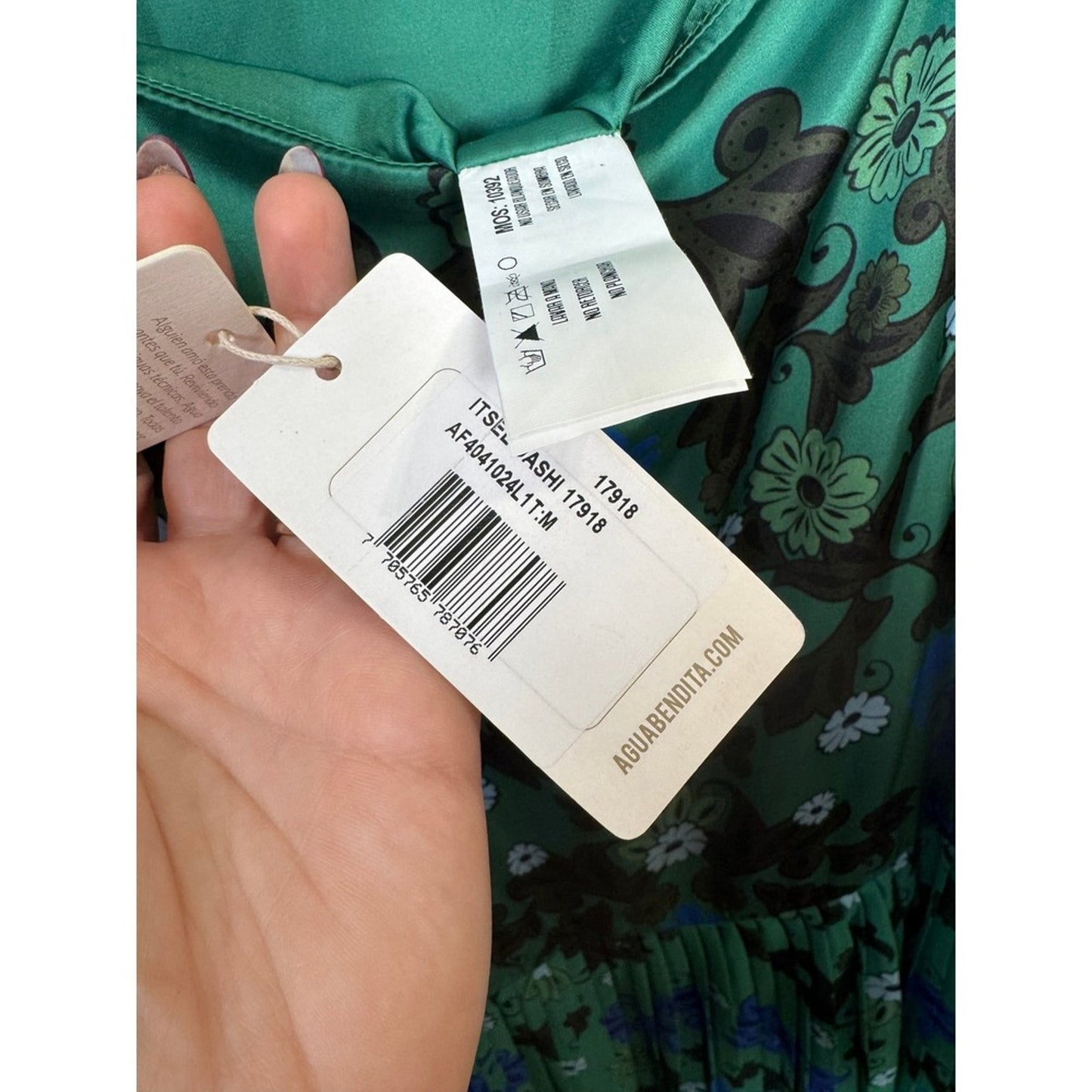 Agua Bendita Pleated Floral Maxi Dress Spaghetti Strap Green Blue M