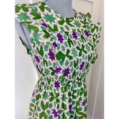 Banjanan Iris Smocked Ruffle Midi Dress in Star Gazer Jade Medium Lined Cotton