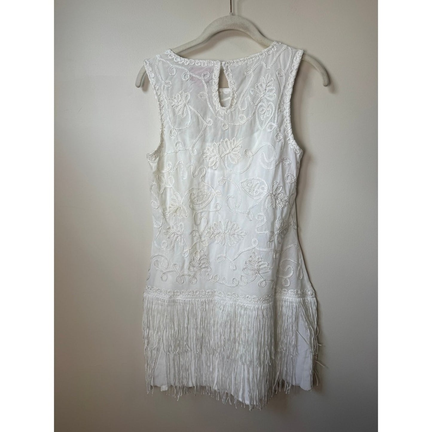 Show Me Your Mumu White Embroidered Fringe Mini Dress Sleeveless Flapper Bridal
