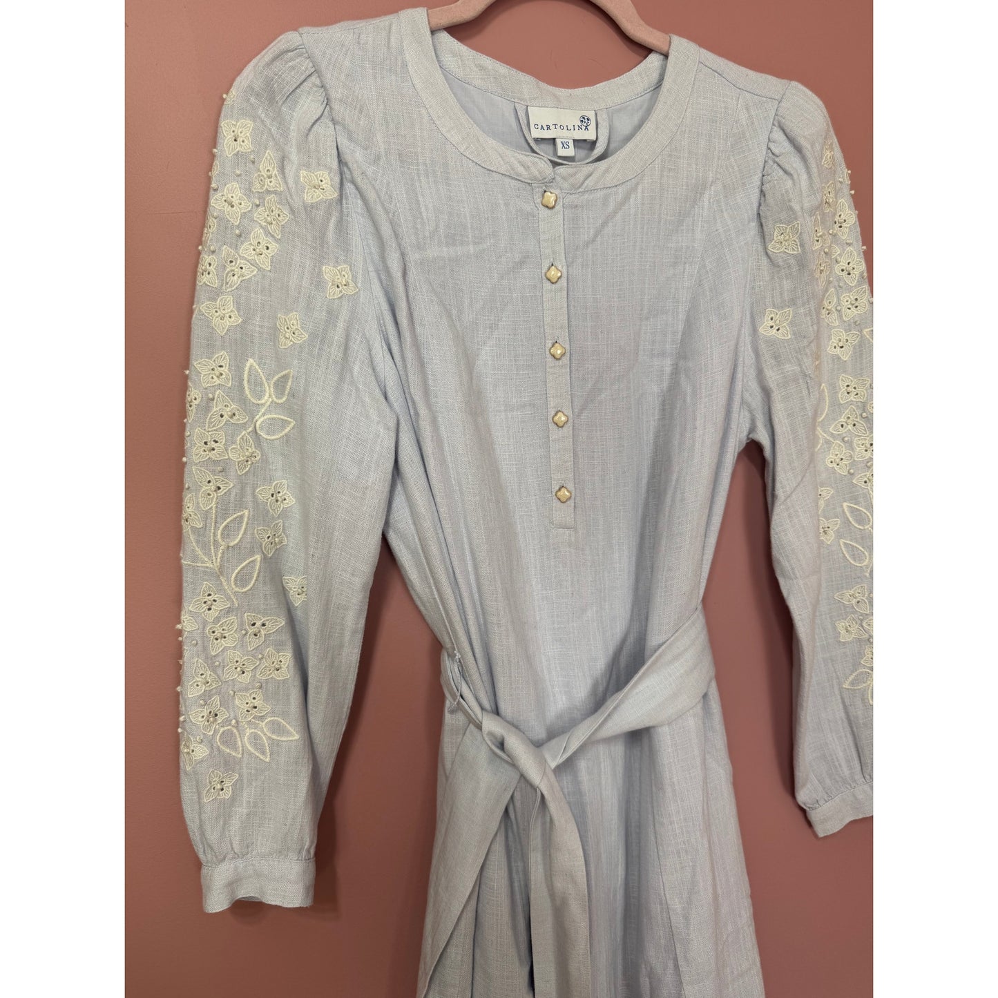 Cartolina Nantucket Long-Sleeve Embroidered Tie-Waist Mini Ruffle Dress Size XS