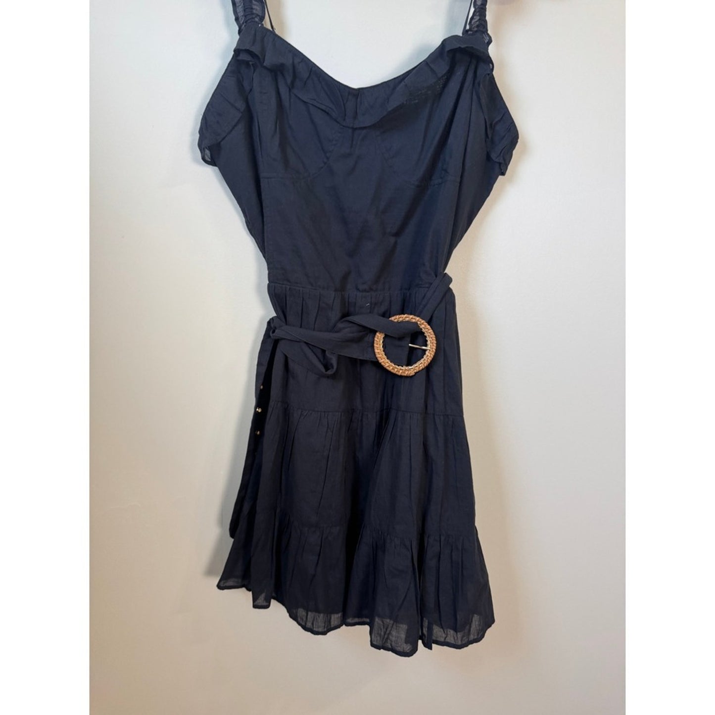 Show Me Your Mumu Black Tiered Mini Dress Ruffle Strap Woven Belt NWT