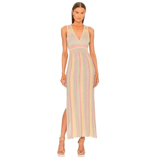 LoveShackFancy Mylene Ribbed Knit Maxi Dress Pastel Sunrise Metallic  Size LG