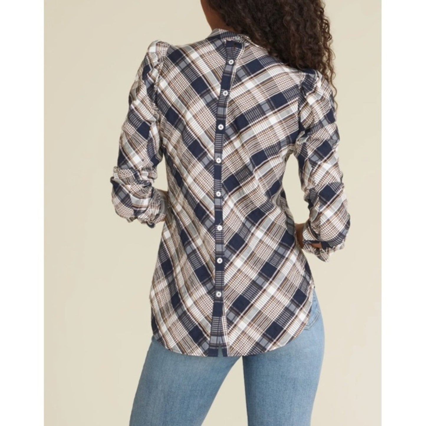 Veronica Beard Plaid Puff Sleeve Button Back Mock Neck Blouse Size 12