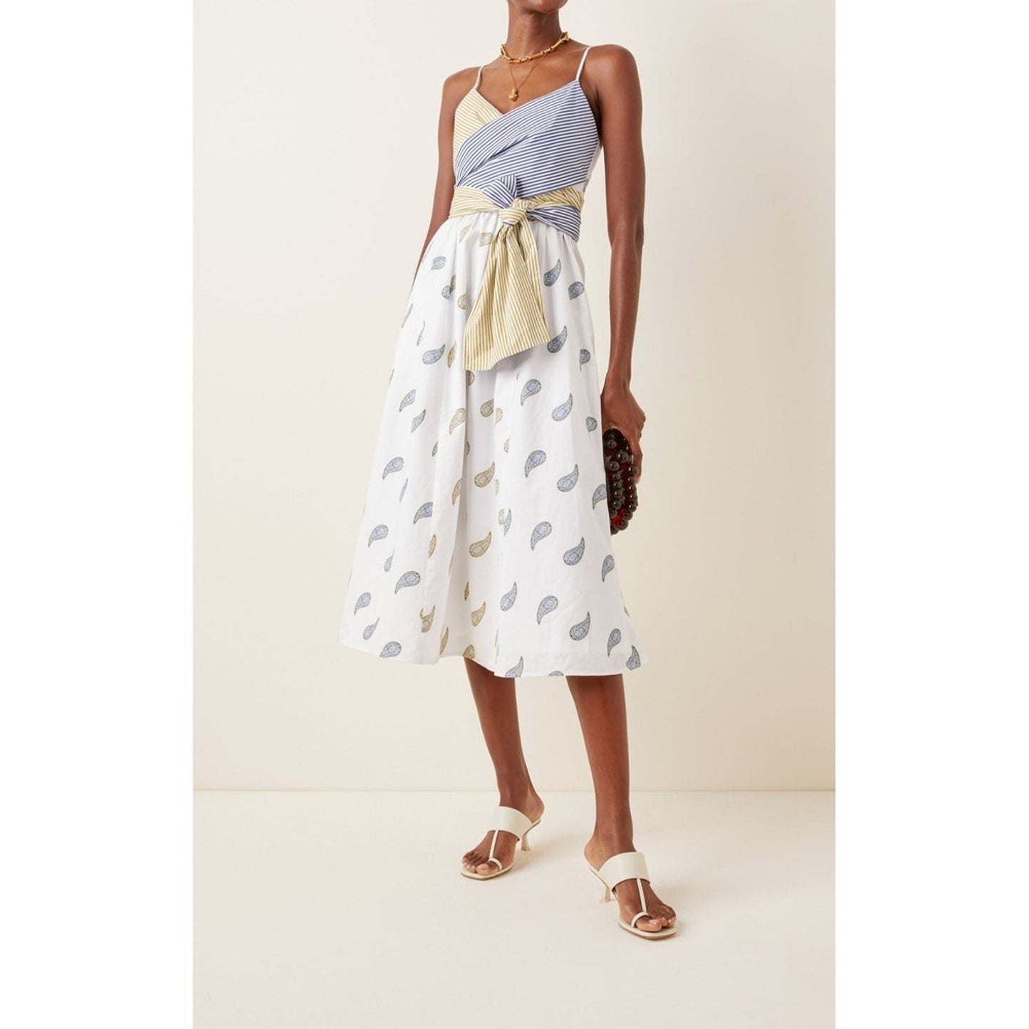 Silvia Tcherassi Mixed Print Paisley Striped Wrap Midi Dress White Blue Olive