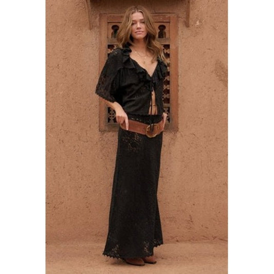 Spell & The Gypsy Collective Black Lace Ruffle Tie Front Blouse Top NWT
