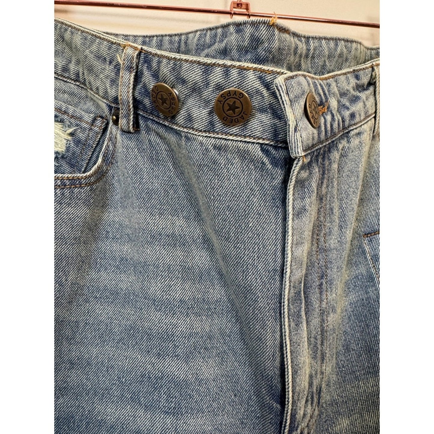 Jaded Gypsy Distressed Patchwork Relaxed Fit Jeans Light Wash Blue O/S NWT