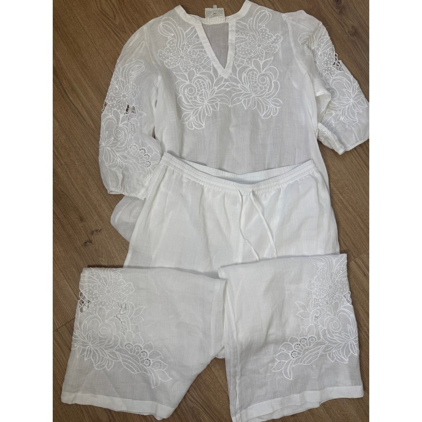 Johnny Was Jade White Linen Embroidered Tunic and Wide Leg Pant Set Womens Large