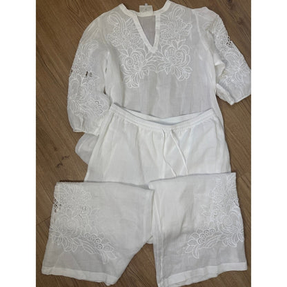 Johnny Was Jade White Linen Embroidered Tunic and Wide Leg Pant Set Womens Large