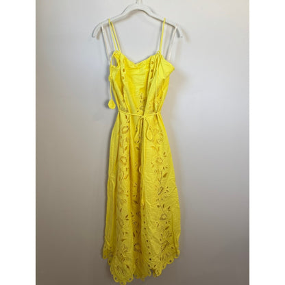 Farm Rio Yellow Floral Eyelet Midi Dress Scalloped Hem Tie Waist NWT