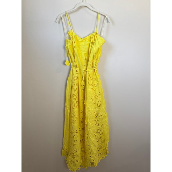 Farm Rio Yellow Floral Eyelet Midi Dress Scalloped Hem Tie Waist NWT