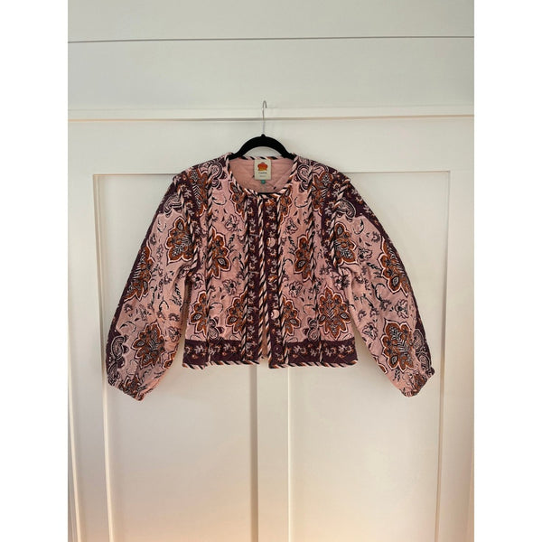 FARM Rio Quilted Jacket Pink Paisley Print Button Front Cropped Balloon Sleeve L