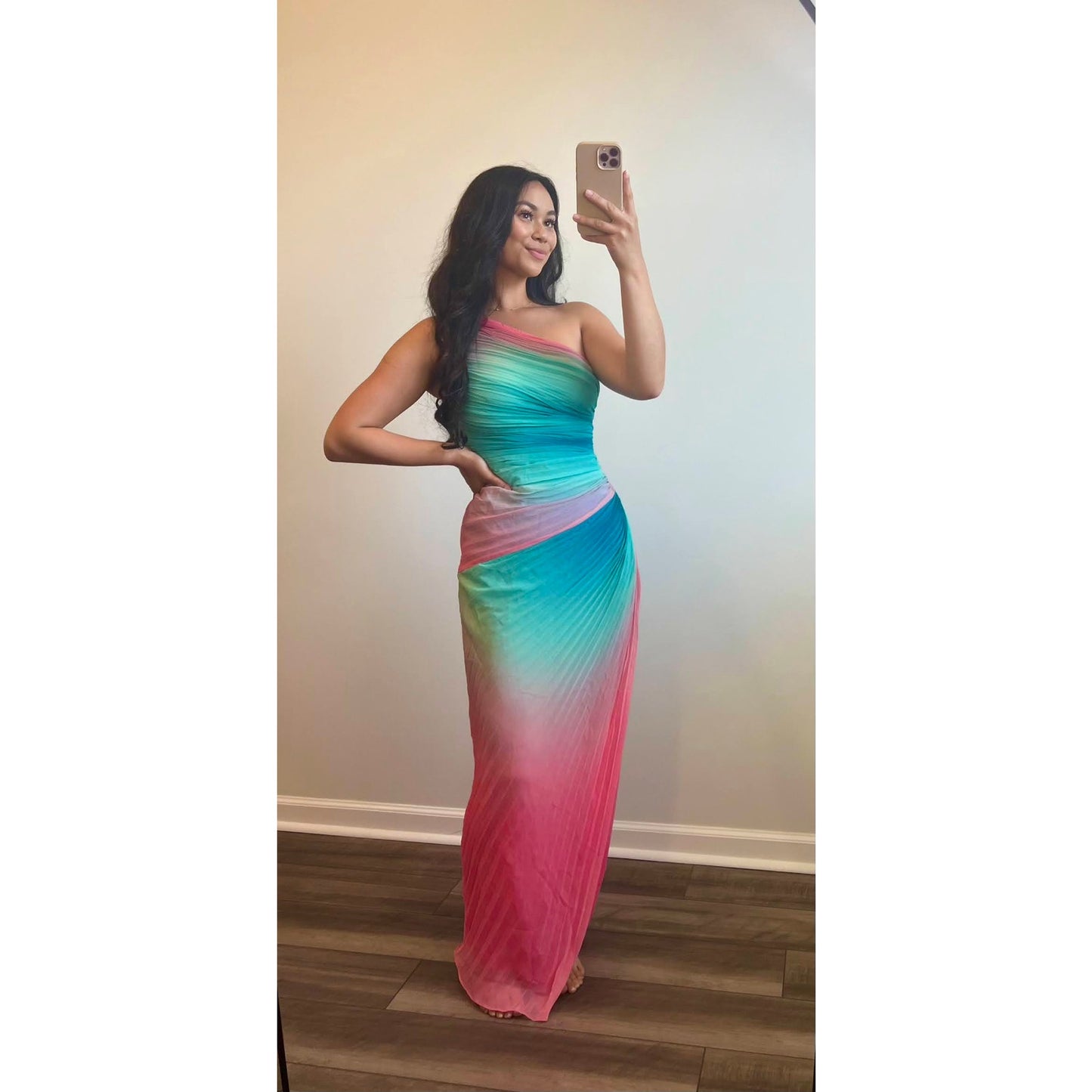 Rococo Sand Luca Maxi Dress in Ombre Medium One Shoulder Pleated Side Slit Lined