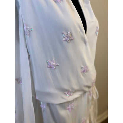 Rococo Sand Stellar Georgette Short Dress in White Small Long Sleeve Sequins