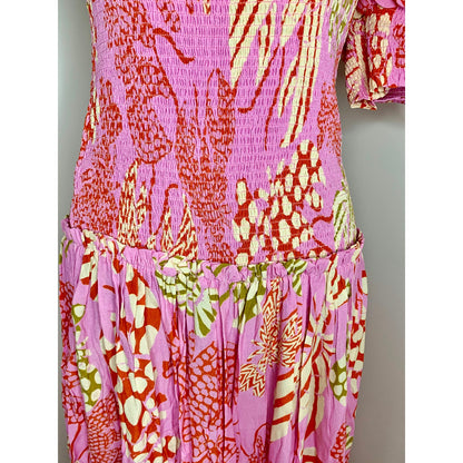 Farm Rio Mixed Lobsters Pink Midi Dress Medium One Shoulder Printed Pullover