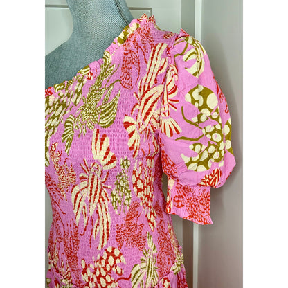 Farm Rio Mixed Lobsters Pink Midi Dress Medium One Shoulder Printed Pullover