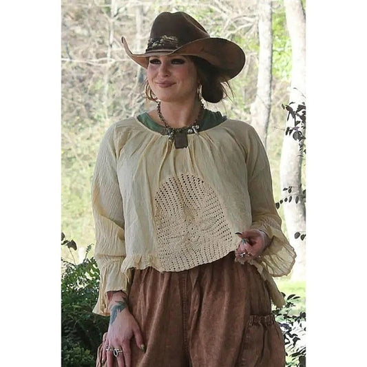 Jade Gypsy Boho Crochet Lace Gauze Peasant Blouse Bell Sleeve Cream Top Womens