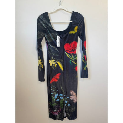 Alice + Olivia Delora Floral Butterfly Midi Dress Black Long Sleeve Scoop Neck