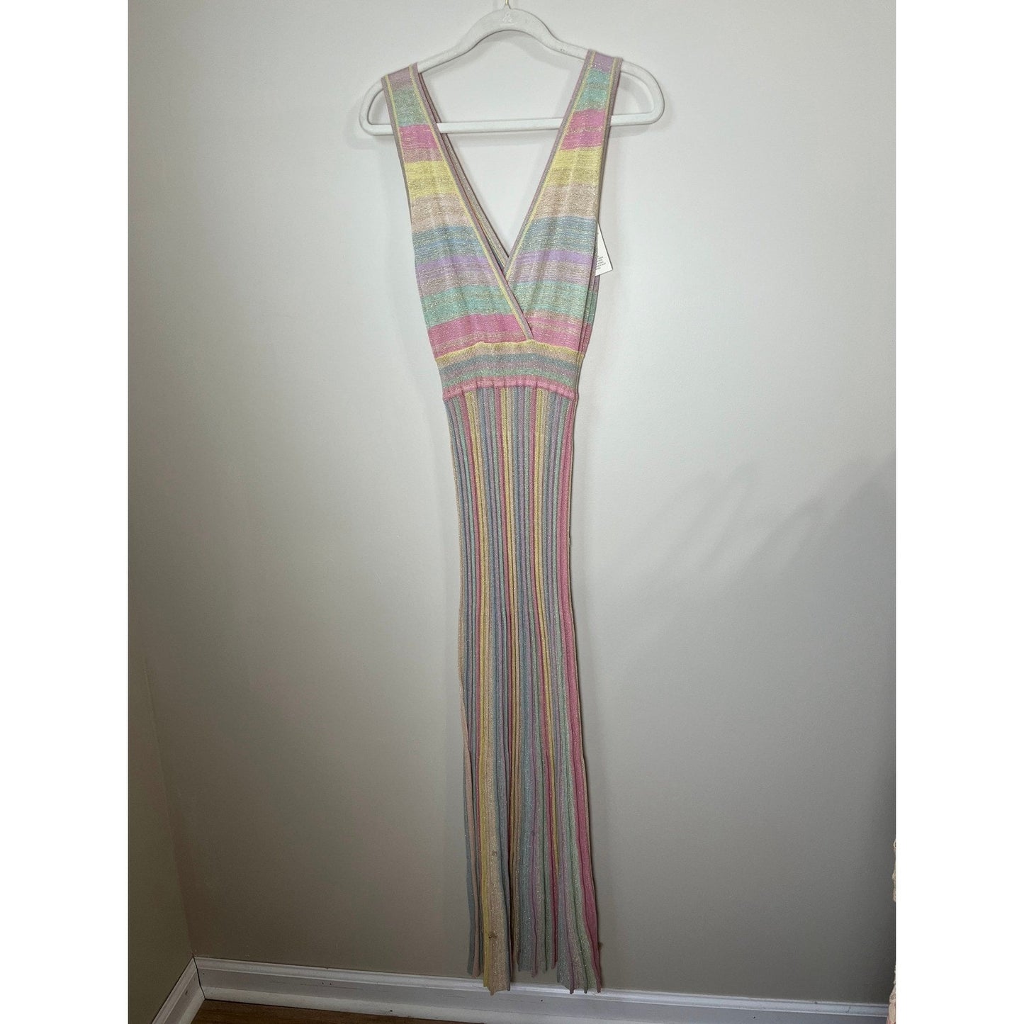 LoveShackFancy Mylene Ribbed Knit Maxi Dress Pastel Sunrise Metallic Size LG