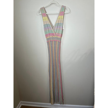 LoveShackFancy Mylene Ribbed Knit Maxi Dress Pastel Sunrise Metallic Size LG