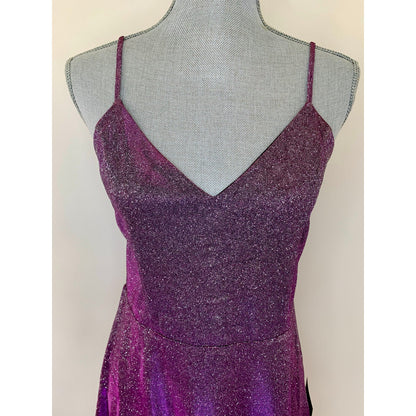 Lulus Glitter Mini Hoco Dress in Purple Metallic Large Spaghetti Strap V-Neck