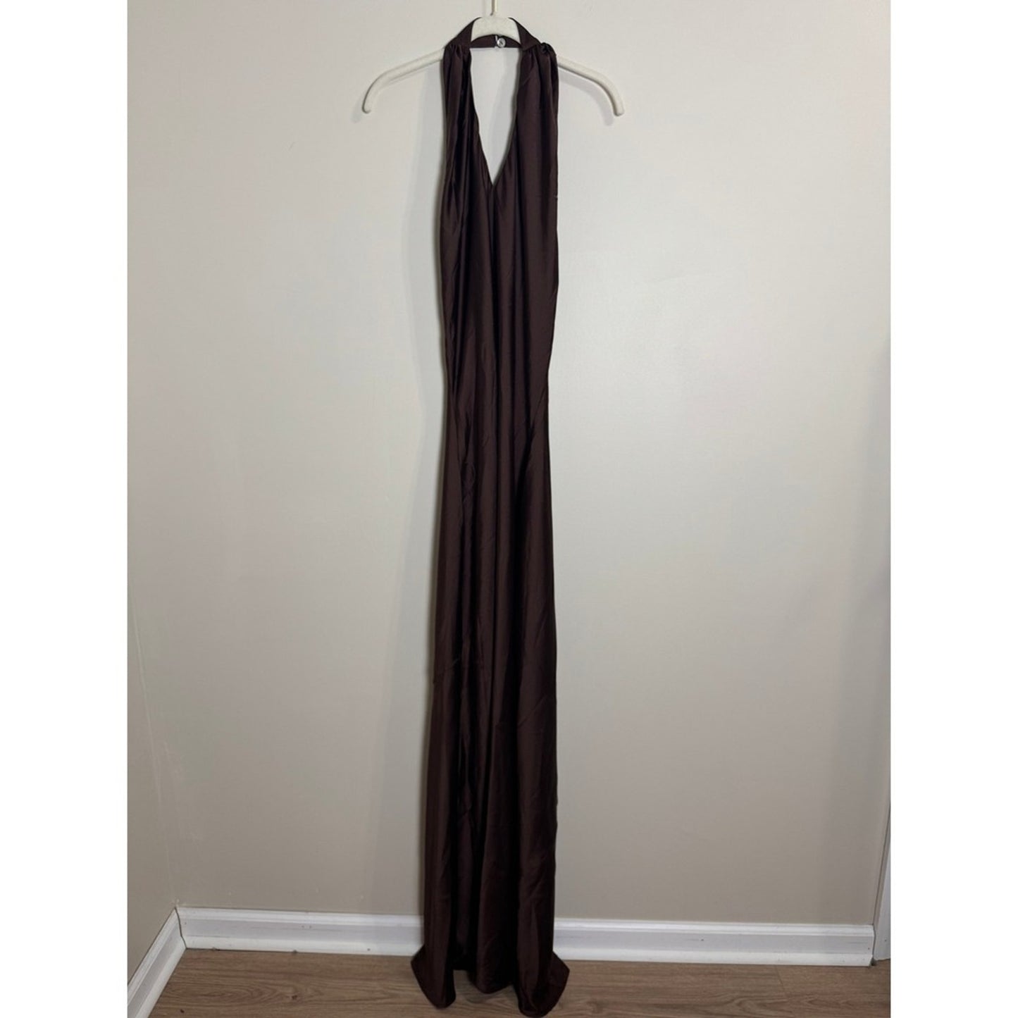 Show Me Your Mumu Brown Satin Halter Maxi Dress Open Back Evening Gown Espresso