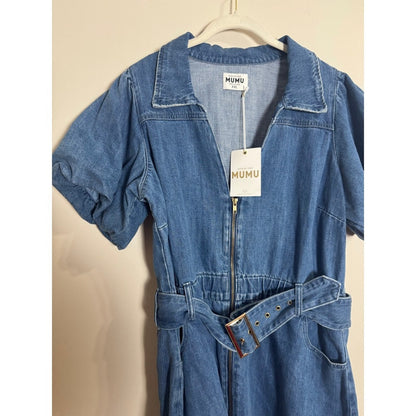 Show Me Your Mumu Denim Mini Dress Puff Sleeve Belted Zip Front Blue XXL NWT