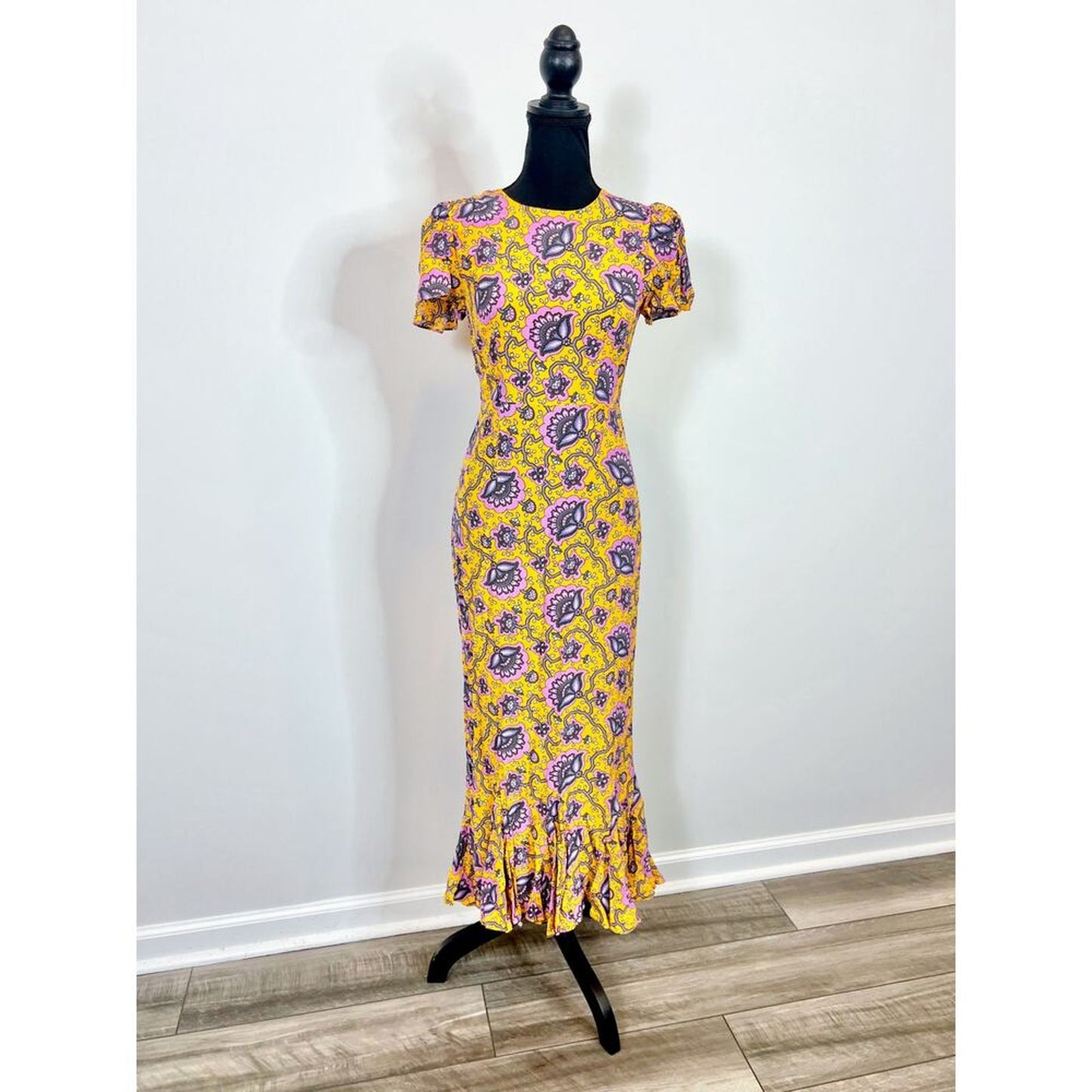 Rhode Lulani Midi Dress in Gold Lotus‎ Printed Size 0 Floral Fluted Hem Lined