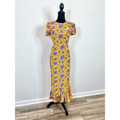 Rhode Lulani Midi Dress in Gold Lotus‎ Printed Size 0 Floral Fluted Hem Lined