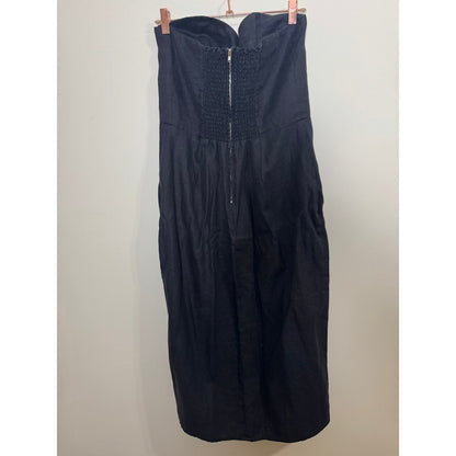 Reformation Black Linen Strapless Bustier Midi Dress with Front Slit