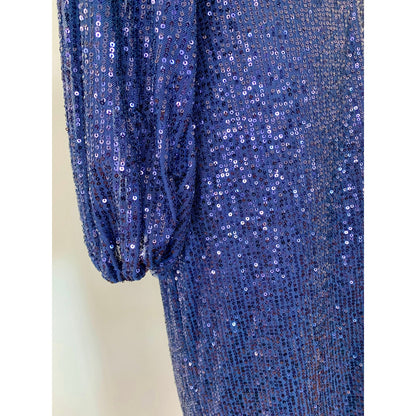 Mac Duggal Ieena Long Sleeve Sequin Midi Dress Midnight Size 10 Side Slit Lined