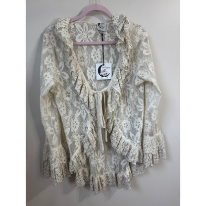 Jaded Gypsy Cream Floral Lace Ruffle Tie Front Cardigan Bohemian Romantic S/M