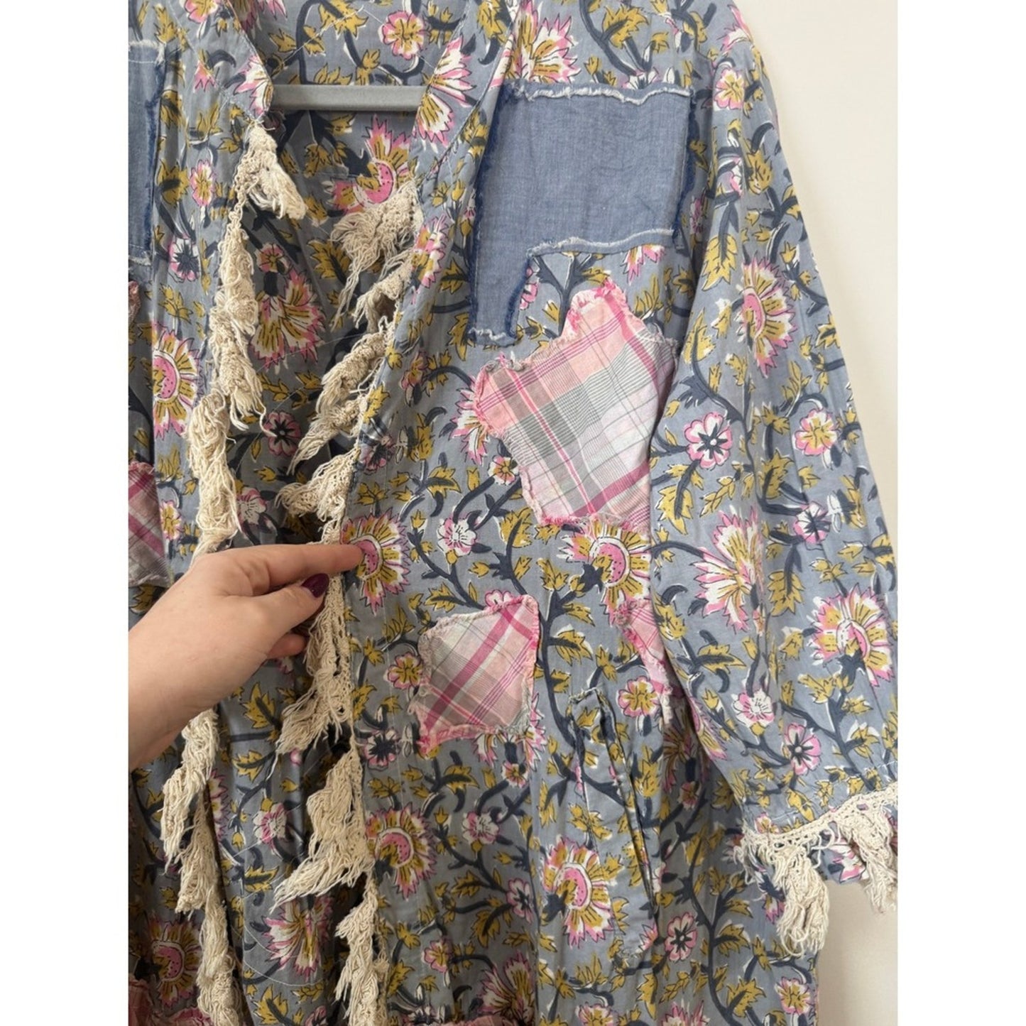 Jaded Gypsy Floral Patchwork Peace Sign Boho Duster Cardigan Blue Pink Fringe