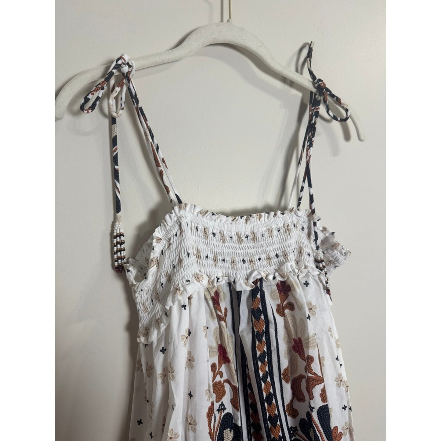 Farm Rio Women XL White Tile Floral Smocked Tiered Midi Dress Beaded Tassels