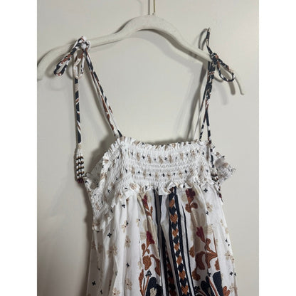 Farm Rio Women XL White Tile Floral Smocked Tiered Midi Dress Beaded Tassels