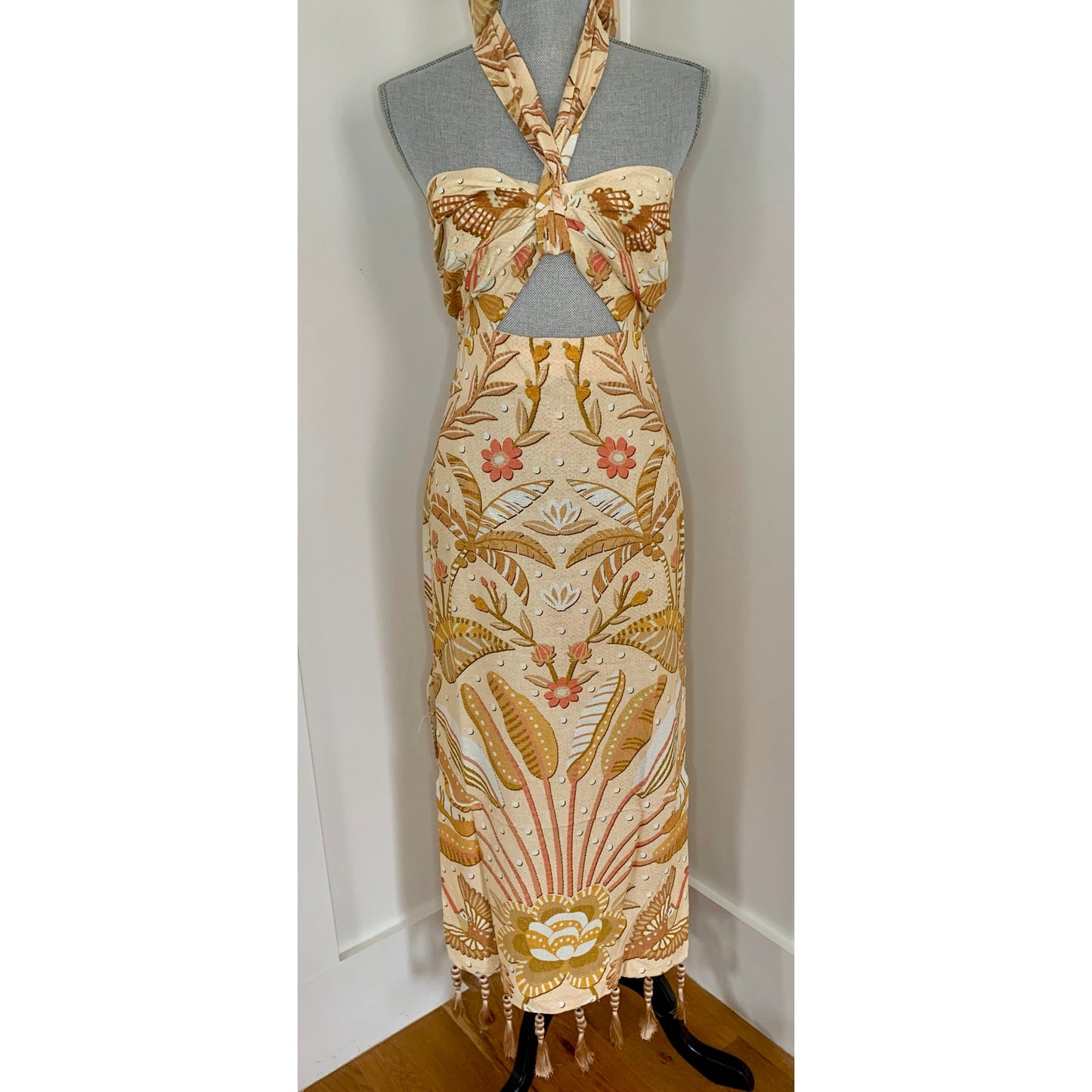 Farm Rio Jungle Chic Sand Midi Dress Large Floral Halter Tasseled Cutout Front